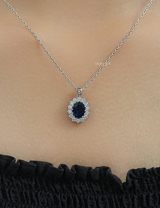 Blue Sapphire Oval Cut Halo Diamond Pendant Necklaces