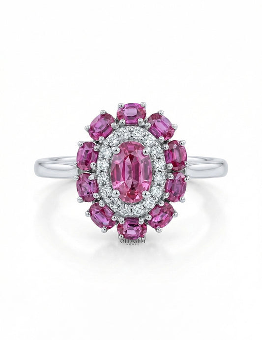 Art Deco Oval Ruby Gemstone Double Halo Engagement Ring Engagement Ring