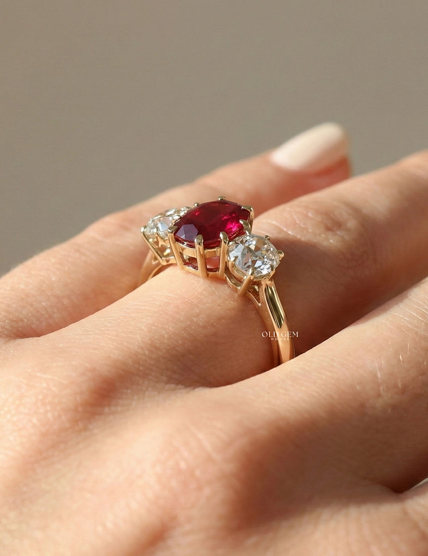 Red Gemstone Oval Cut Three Stone Engagement Ring