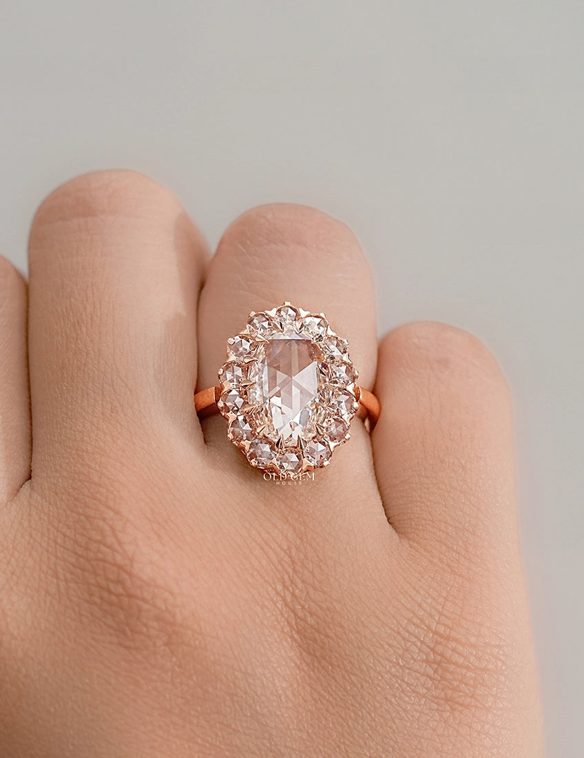 Oval Rose Cut  Lab Diamond Halo Engagement Ring