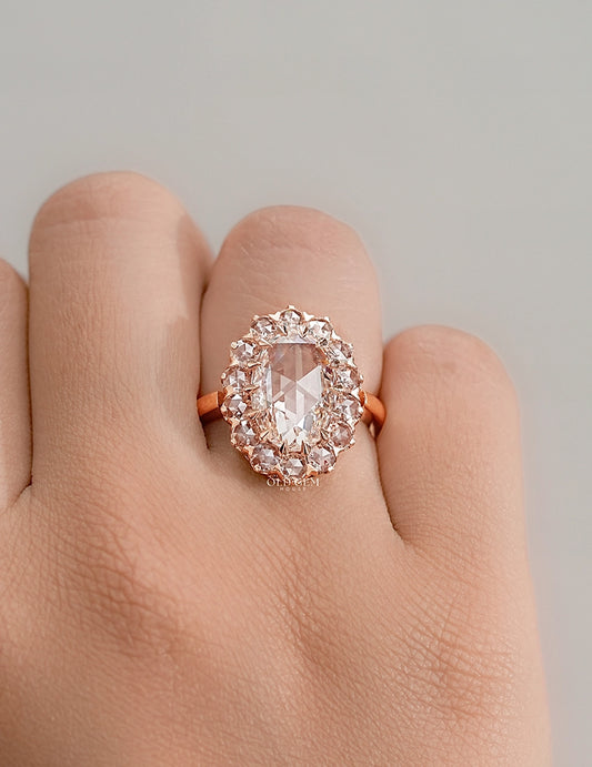 Oval Rose Cut Lab Diamond Halo Engagement Ring