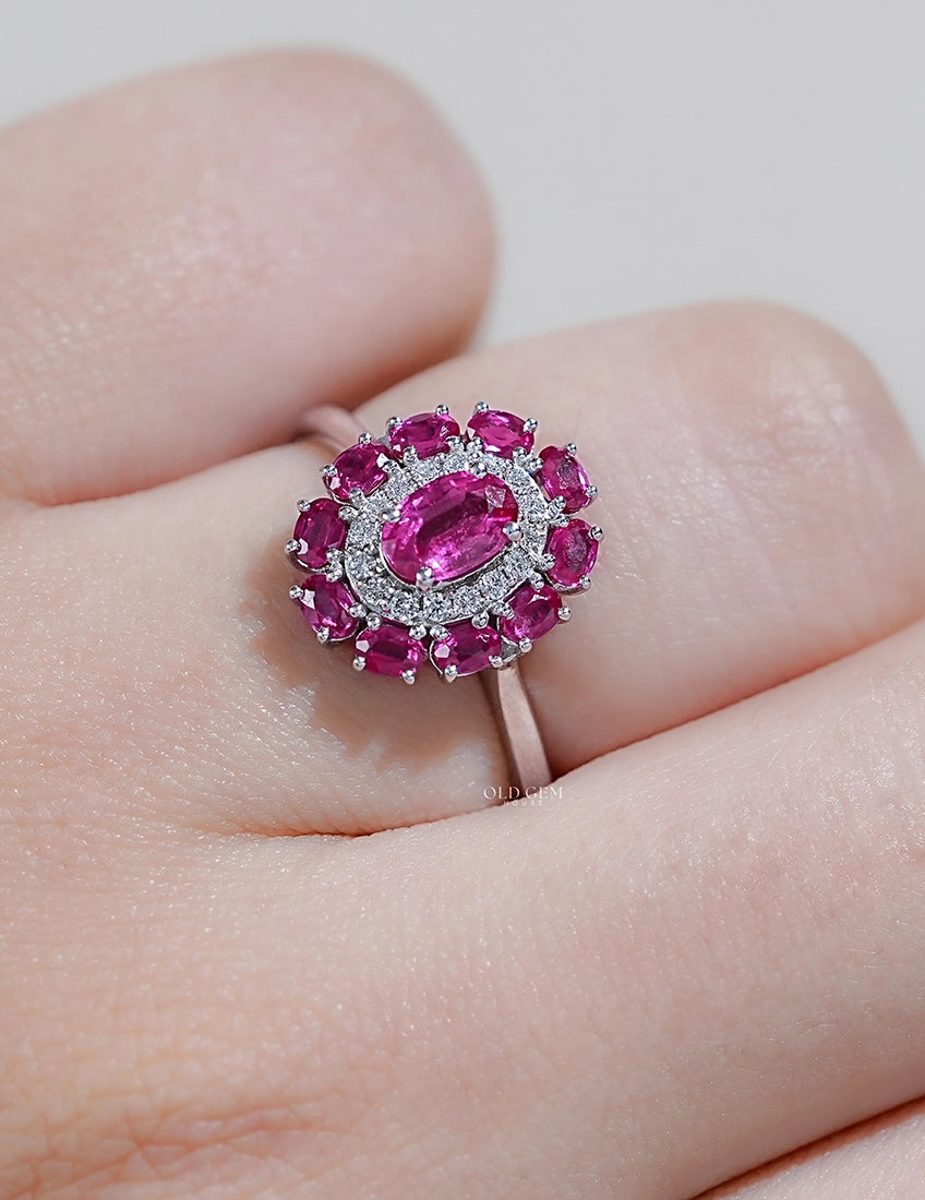 Art Deco Oval Ruby Gemstone Double Halo Engagement Ring Engagement Ring