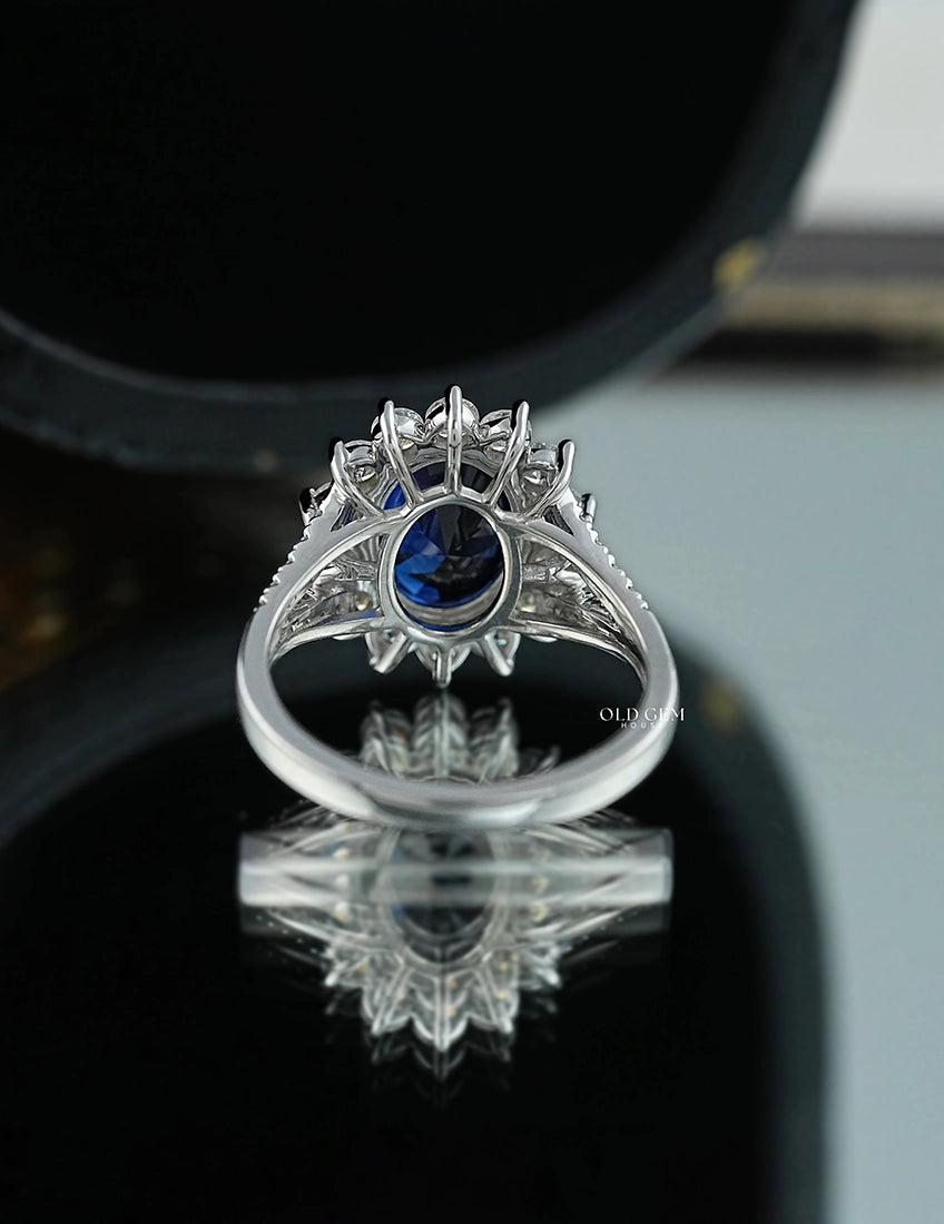 Blue Sapphire Oval Cut Halo Accent Engagement Ring