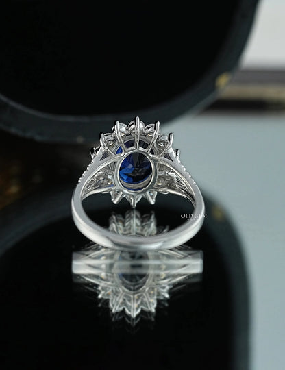 Blue Sapphire Oval Cut Halo Accent Engagement Ring