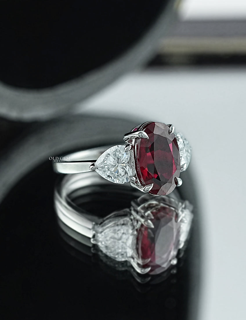 Ruby Gemstone Moval Cut Three-Stone Engagement Ring