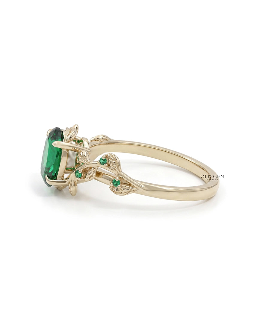 Vintage Leaf Art Deco Green Oval Gemstone Accent Ring Engagement Ring
