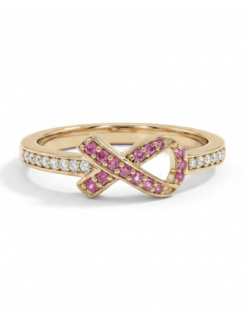 Edwardian Pink Round Gemstone Cancer Ribbon Accent Ring Engagement Ring