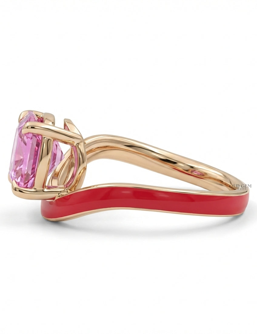 Pink Tourmaline Art Deco Pear Cut Enamel Curved Ring Engagement Ring