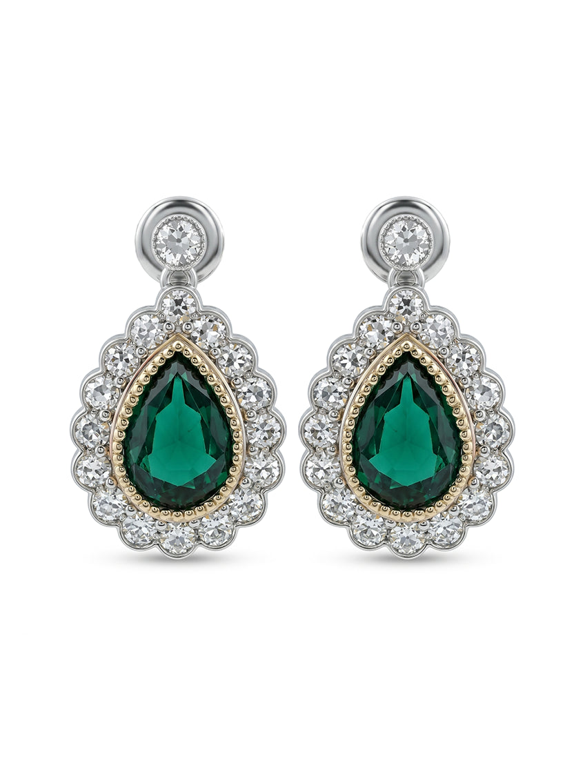 Emerald Pear And Round Diamond Halo Drop Earring Earrings
