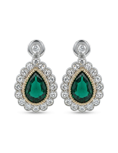 Pear Shape Emerald Gemstone Halo Diamond Drop Earring