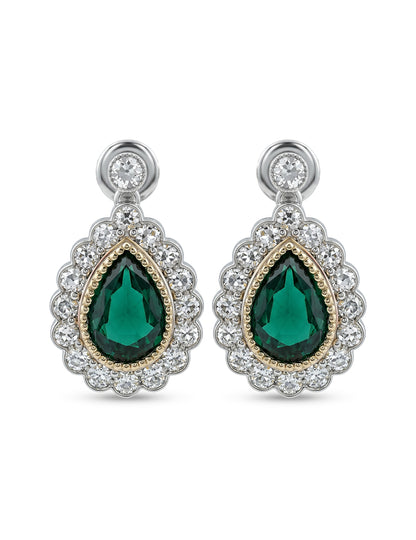 Emerald Pear And Round Diamond Halo Drop Earring Earrings