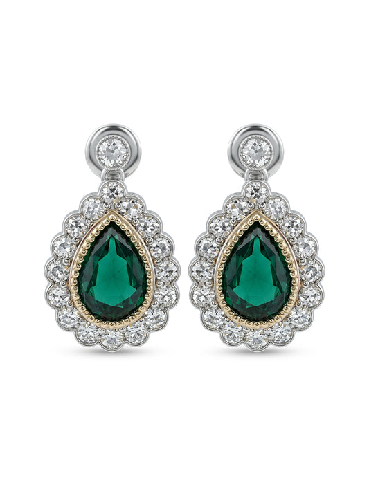 Pear Shape Emerald Gemstone Halo Diamond Drop Earring Earrings