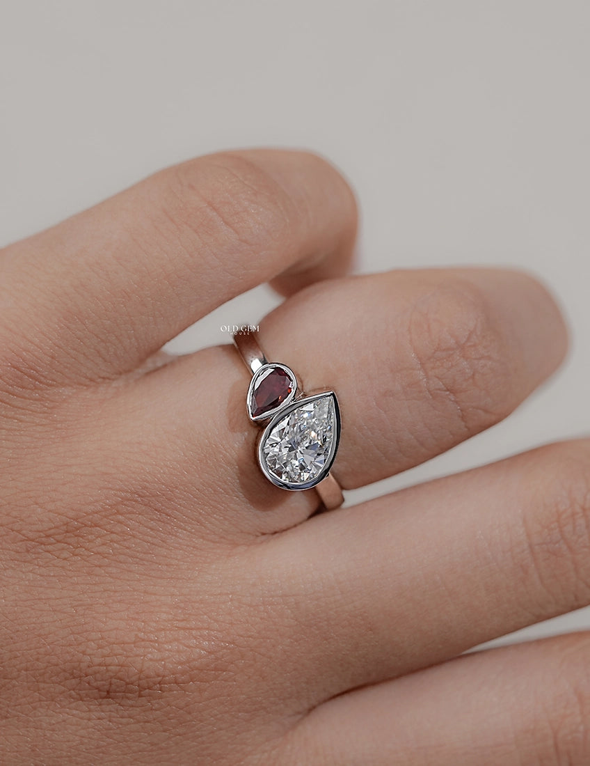 Pear Cut Lab Ruby Gemstone Toi Et Moi Ring