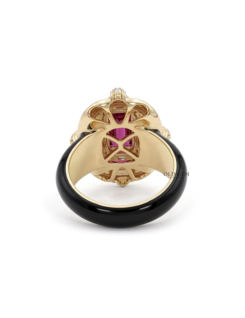 Victorian Pink Sapphire Baguette With Black Enamel Ring Engagement Ring