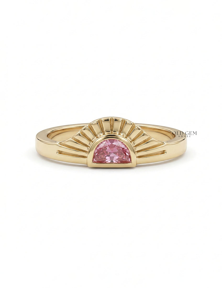 Art Deco Style Half Moon Cut Sunrise Ring Engagement Ring