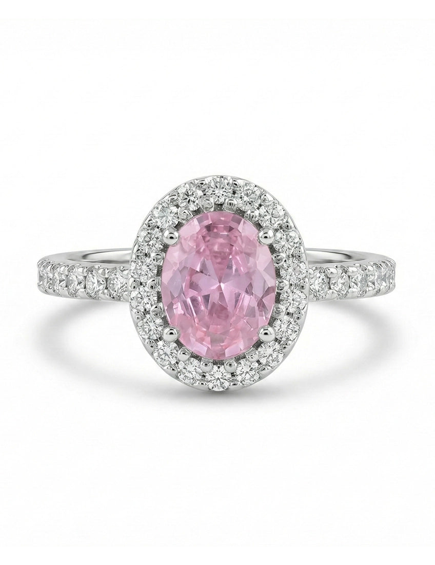 Edwardian Style Pink Oval Gemstone Halo Accent Ring Engagement Ring