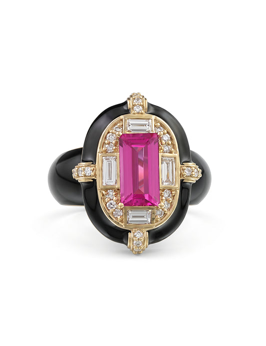 Victorian Pink Sapphire Baguette With Black Enamel Ring Engagement Ring