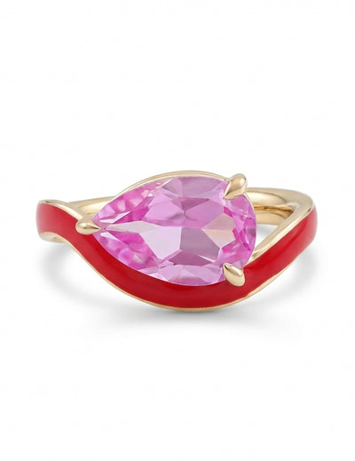 Pink Tourmaline Art Deco Pear Cut Enamel Curved Ring