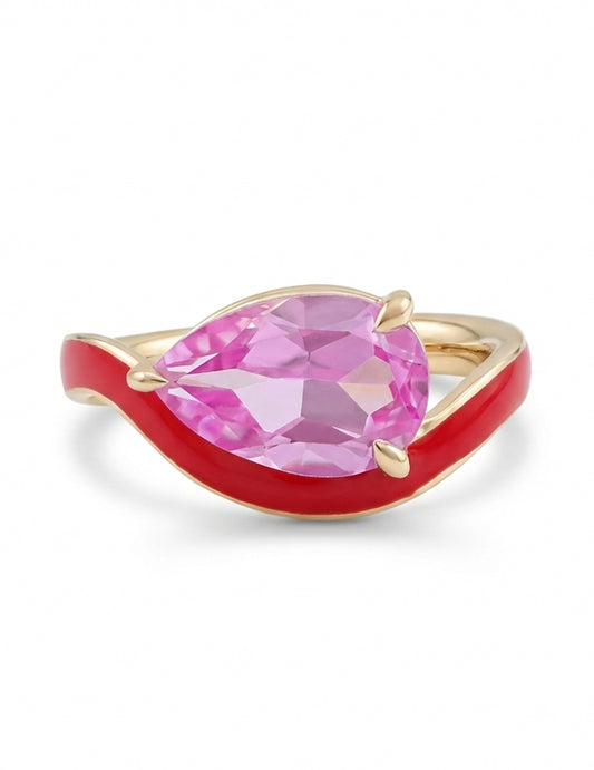 Pink Tourmaline Art Deco Pear Cut Enamel Curved Ring Engagement Ring