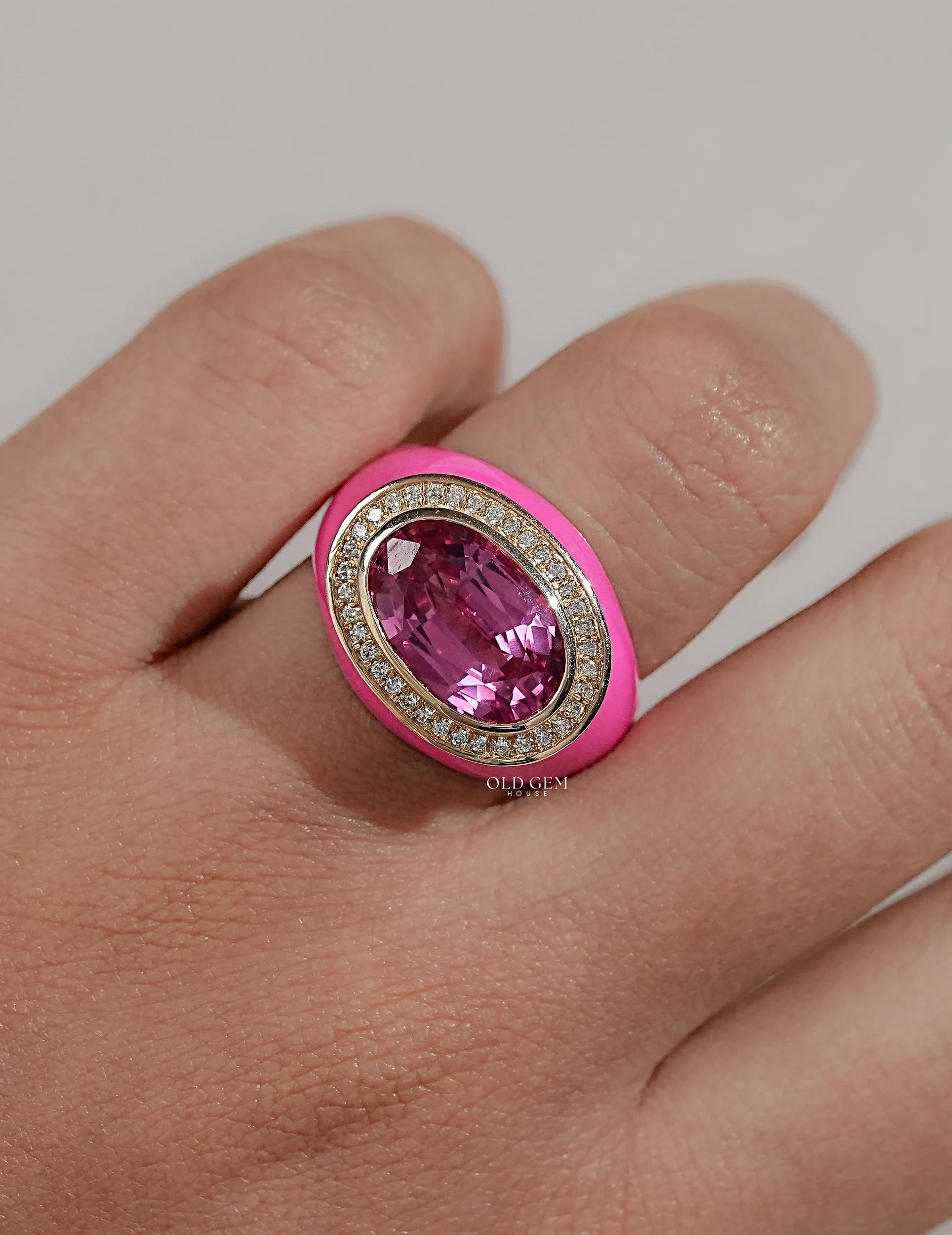 Blue Topaz Oval Gemstone Halo Enamel Dome Ring Wedding Band