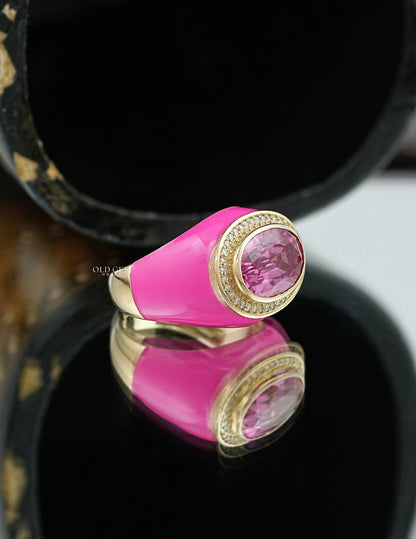 Blue Topaz Oval Gemstone Halo Enamel Dome Ring Wedding Band