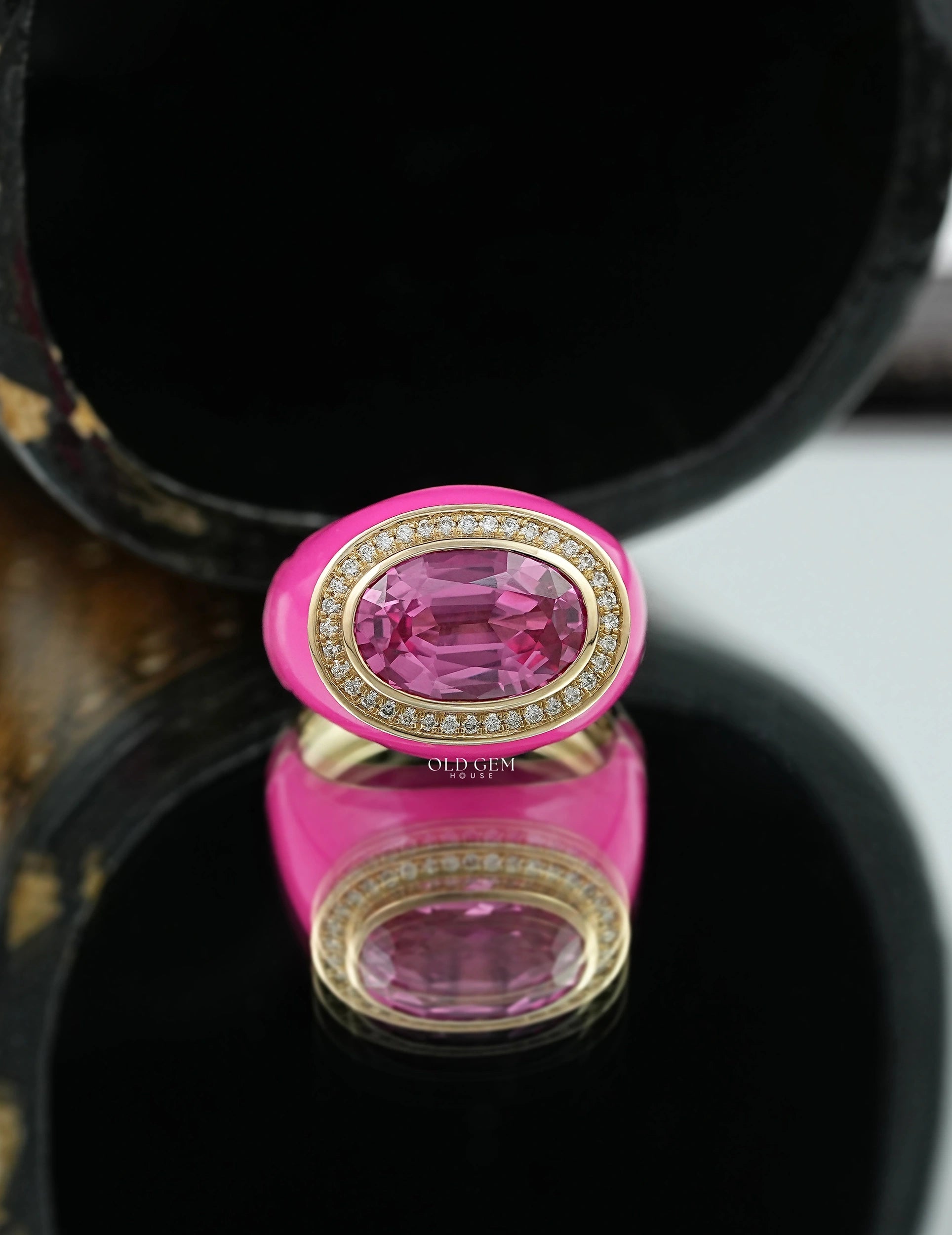 Blue Topaz Oval Gemstone Halo Enamel Dome Ring Wedding Band