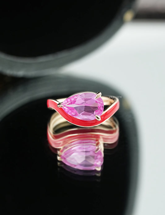 Pink Pear Lab Gemstone Curved Ring