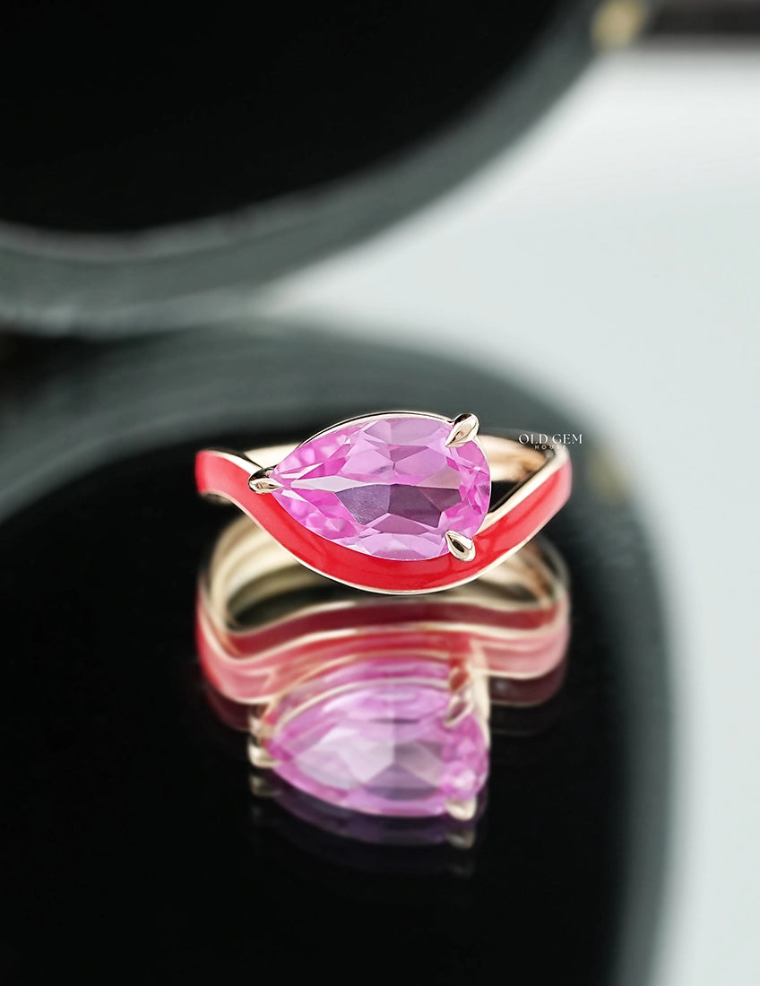 Pink Pear Lab Gemstone Curved Ring Engagement Ring