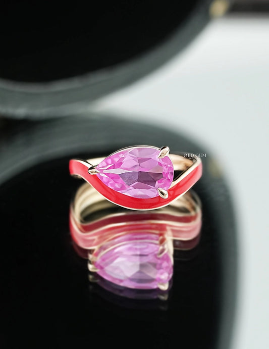 Pink Pear Lab Gemstone Curved Ring Engagement Ring