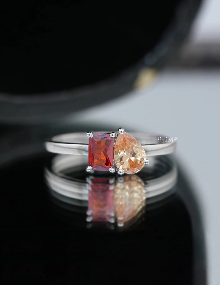 Retro Inspired Radiant And Pear Gemstone Toi Et Moi Ring Engagement Ring
