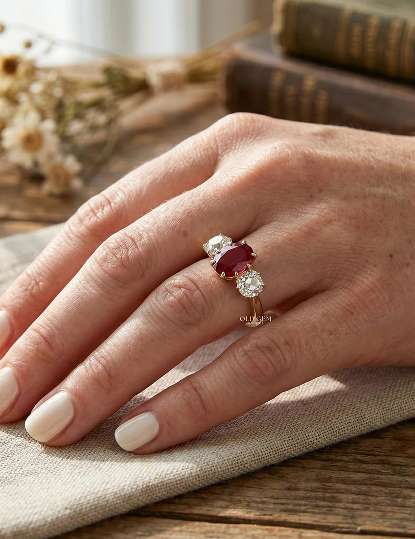 Red Gemstone Oval Cut Three Stone Engagement Ring