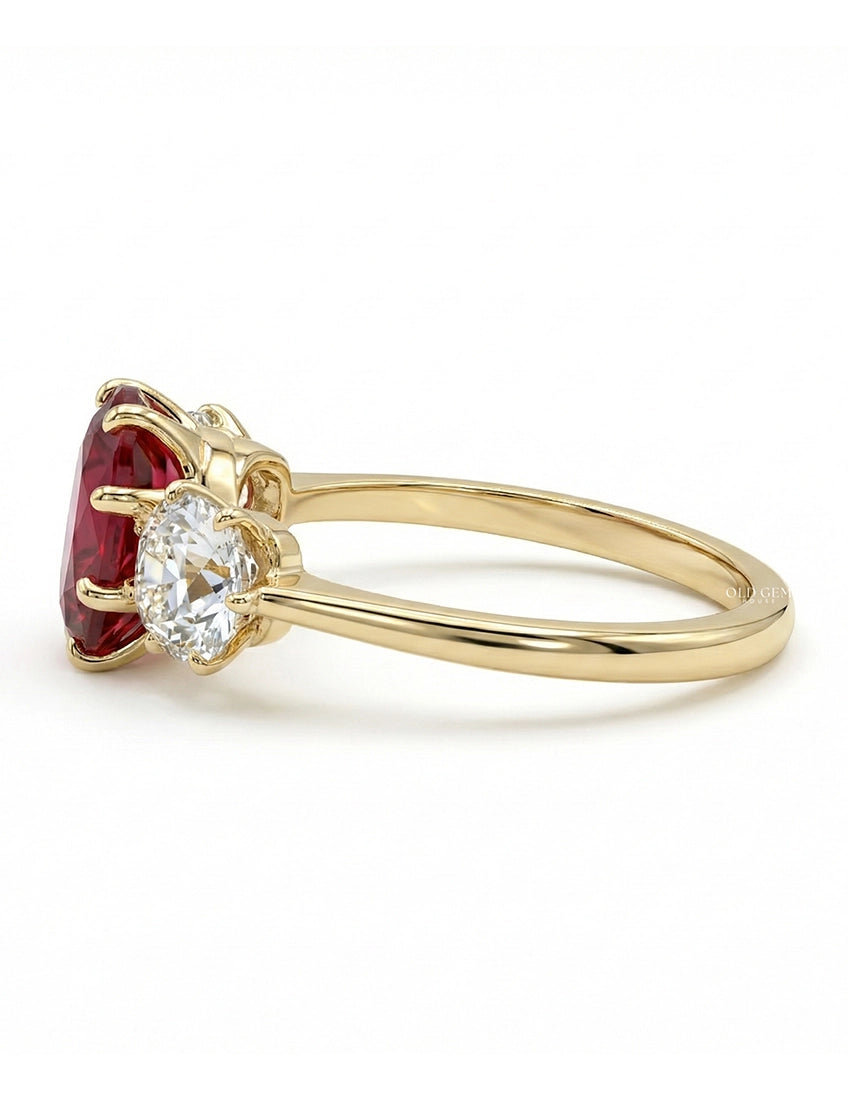 Edwardian Oval Ruby Three Stone Diamond Ring Engagement Ring