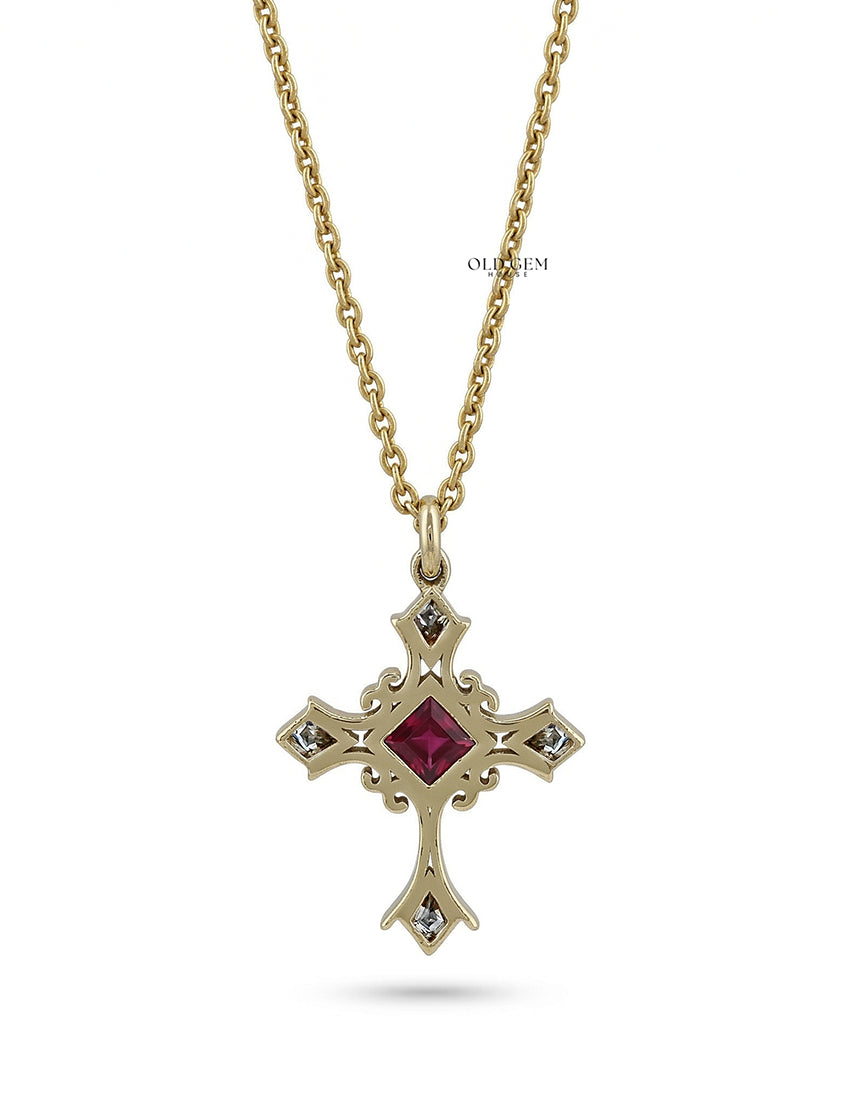 Red Gemstone Princess Cut Criss Cross Pendant Necklaces