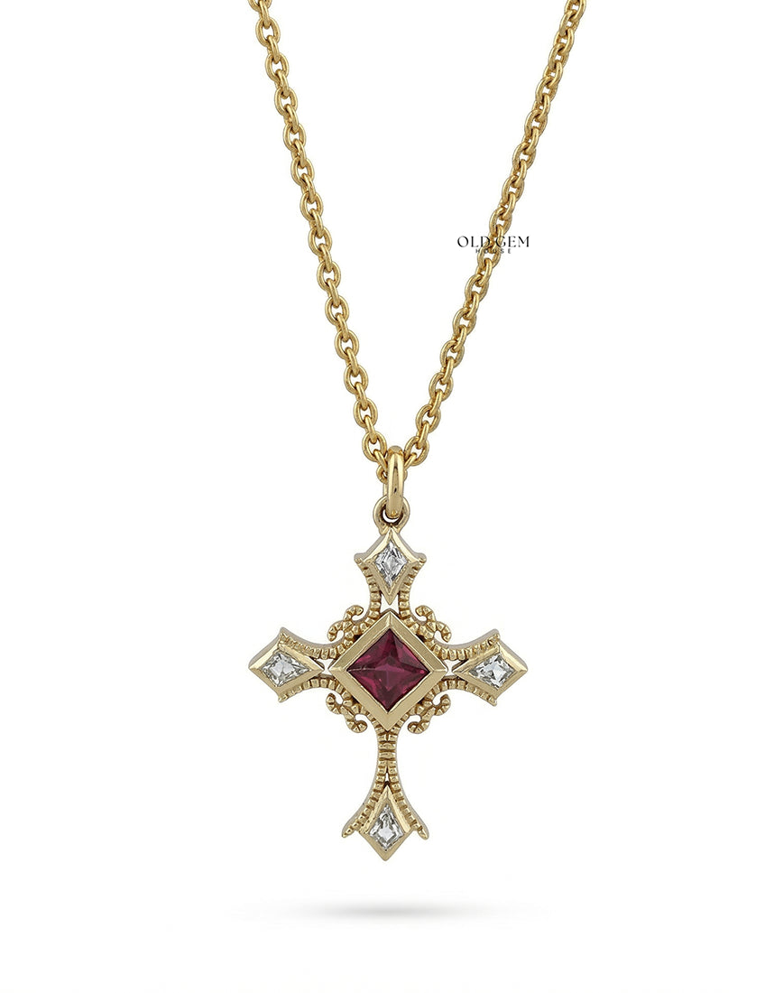 Red Gemstone Princess Cut Criss Cross Pendant Necklaces