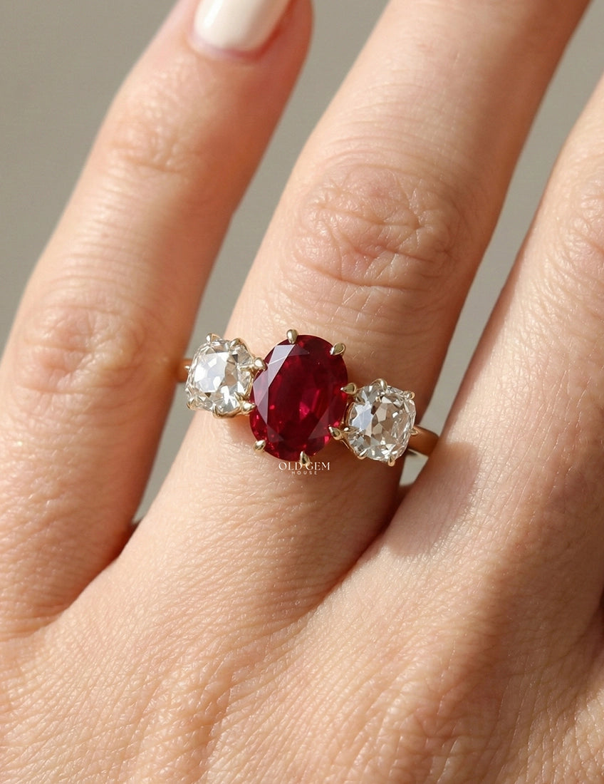 Red Gemstone Oval Cut Three Stone Engagement Ring