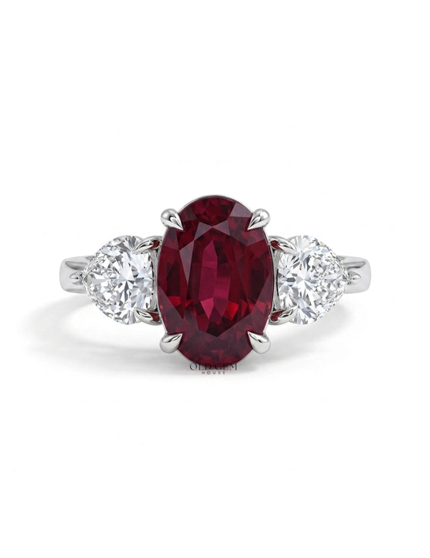 Edwardian Oval Ruby Gemstone Three Stone Ring Engagement Ring