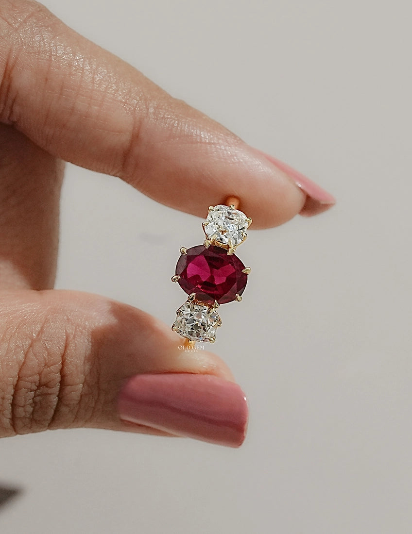 Edwardian Oval Ruby Three Stone Diamond Ring Engagement Ring