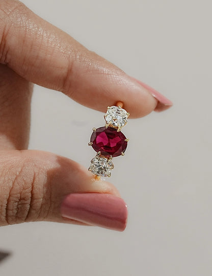 Edwardian Oval Ruby Three Stone Diamond Ring Engagement Ring