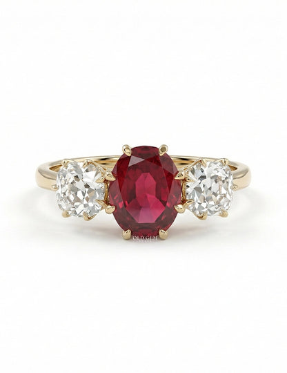 Red Gemstone Oval Cut Three Stone Engagement Ring