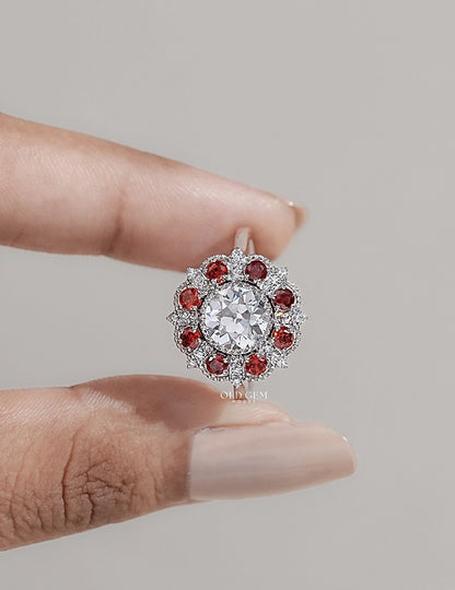 OEC Round Red Gemstone Halo Engagement Ring