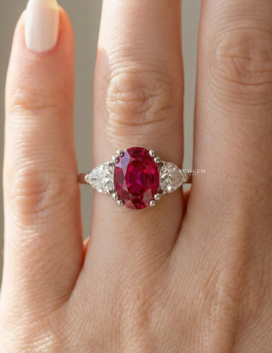 Red Gemstone Oval Cut Three Stone Ring - Edwardian Engagement Ring