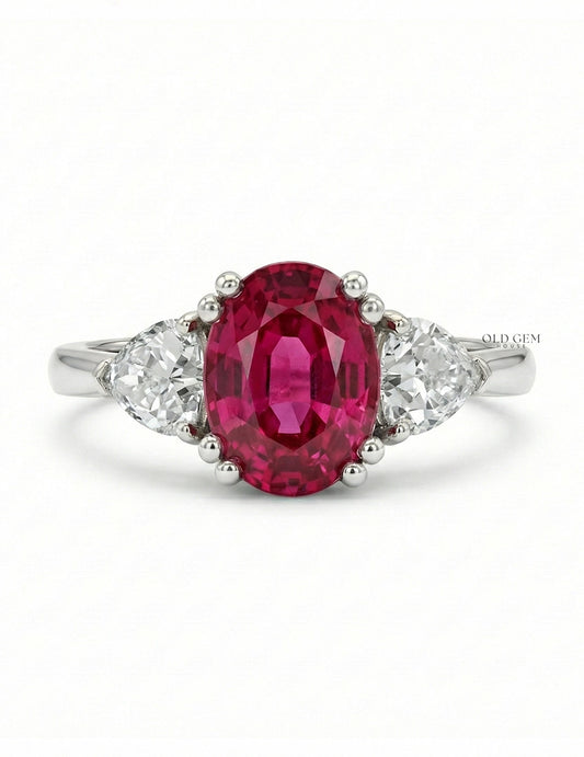 Red Gemstone Oval Cut Three Stone Engagement Ring Engagement Ring