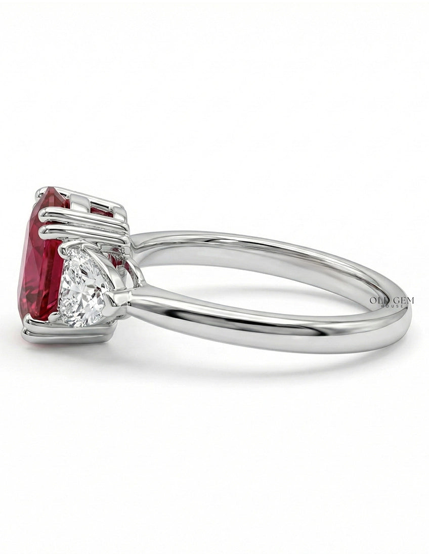 Red Gemstone Oval Cut Three Stone Ring - Edwardian Engagement Ring