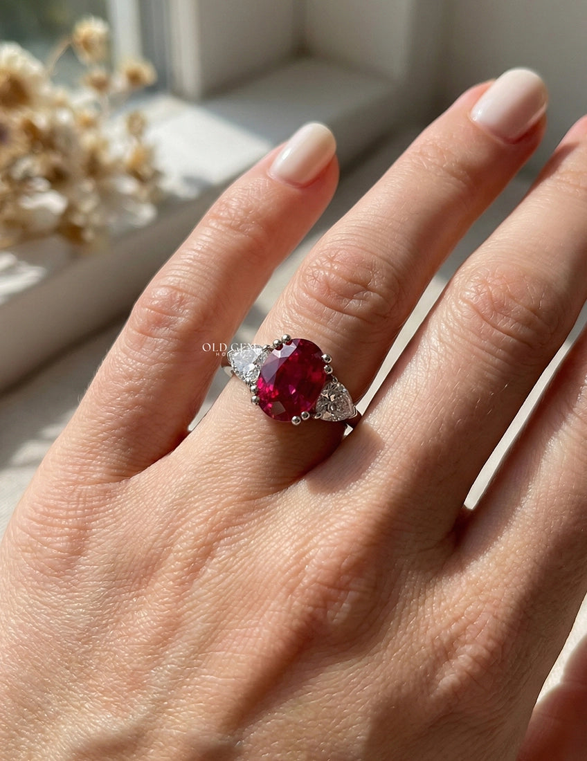 Red Gemstone Oval Cut Three Stone Engagement Ring Engagement Ring