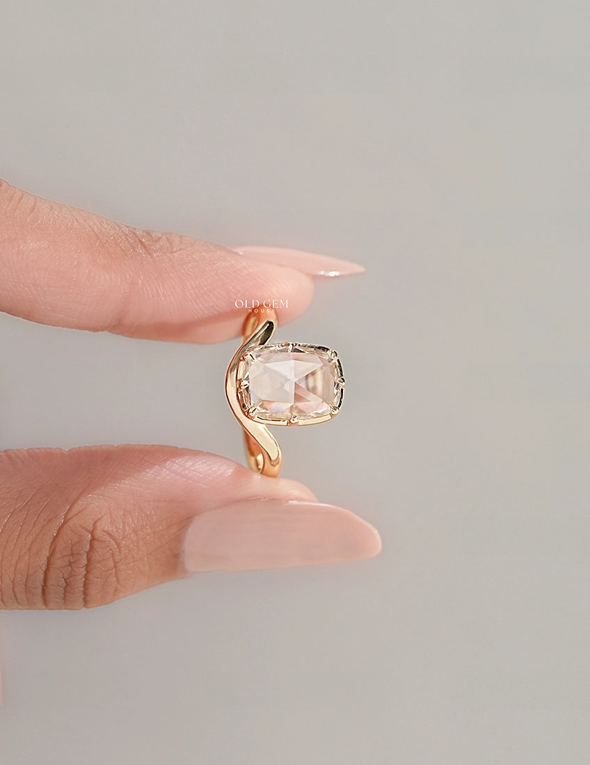 Rose Cut Cushion Solitaire Curved Ring