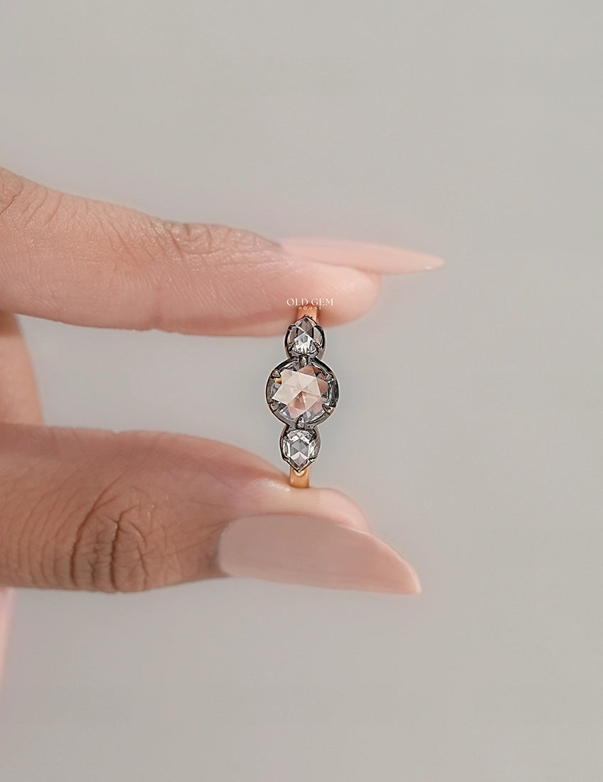 3 stone Rose Cut Lab Diamond Ring