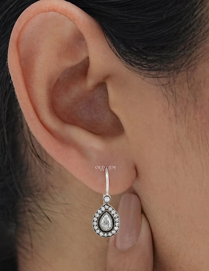 Rose Cut Pear Lab Diamond Halo Drop Earrings Earrings