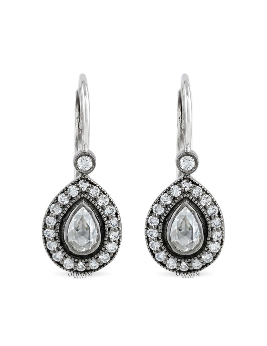Rose Cut Pear Lab Diamond Halo Drop Earrings Earrings