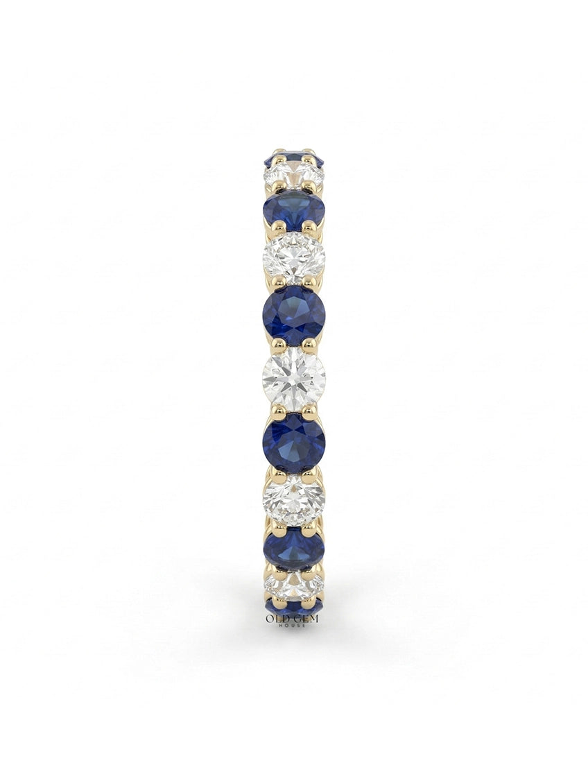 Art Deco Sapphire Round Gemstone Alternate Eternity Band Wedding Band