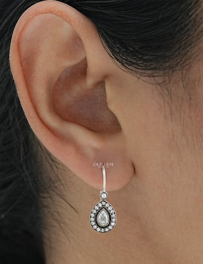 Rose Cut Pear Lab Diamond Halo Drop Earrings Earrings